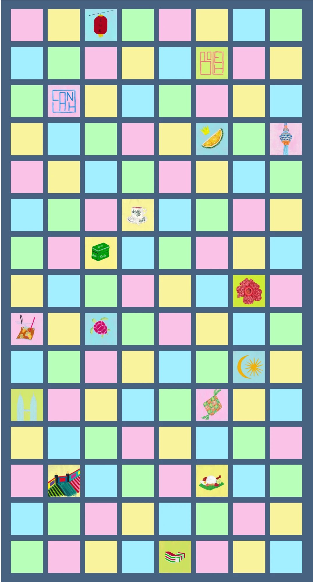 Work-in-progress view of The Feeling of Malaysia collection: a grid of 120 colourful fragments, some painted and many still blank