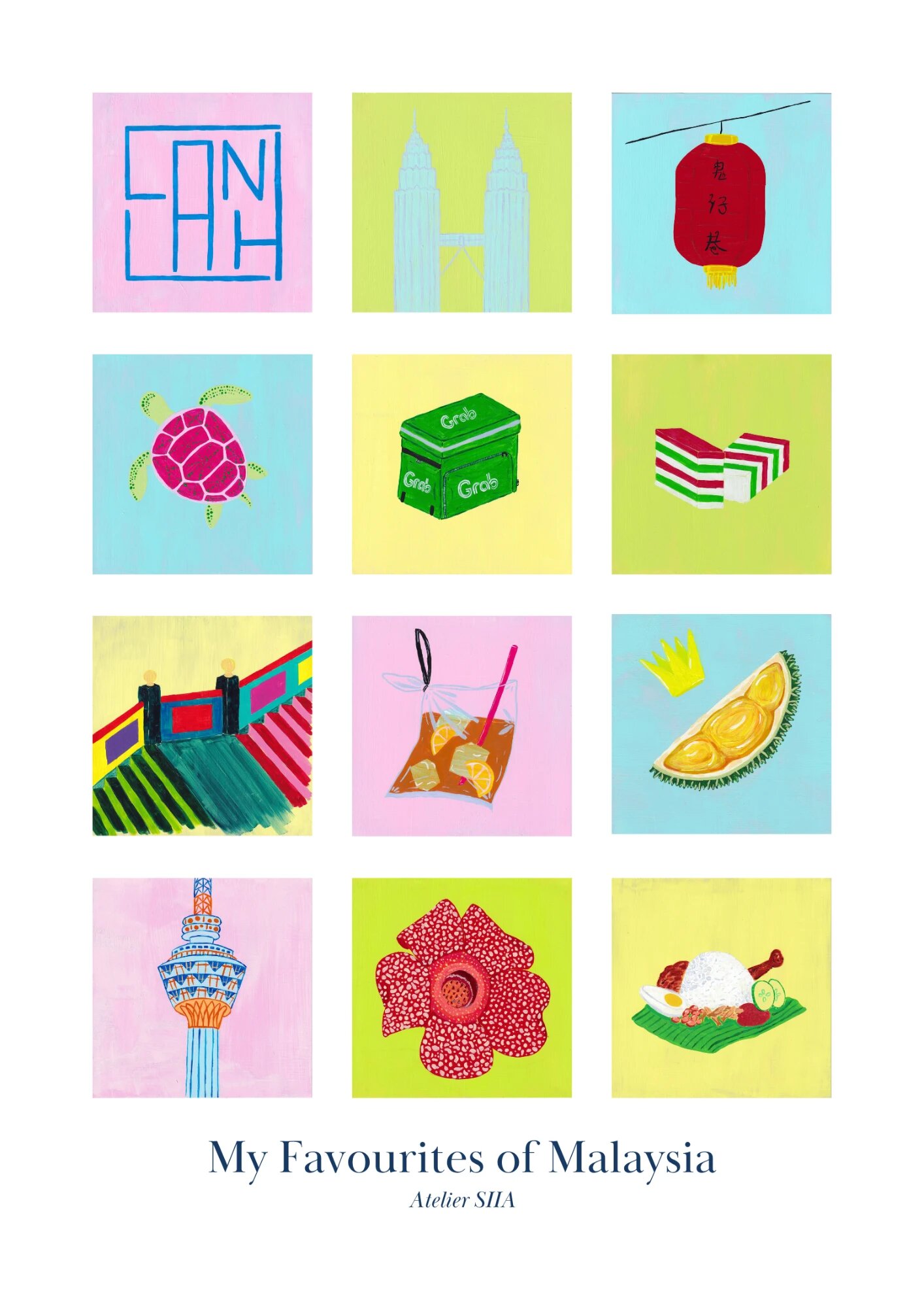 My Favourites of Malaysia poster: nine hand-painted Malaysian favourites arranged in a grid